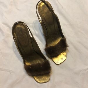 Rene Caovilla Gold slingbacks w/fur